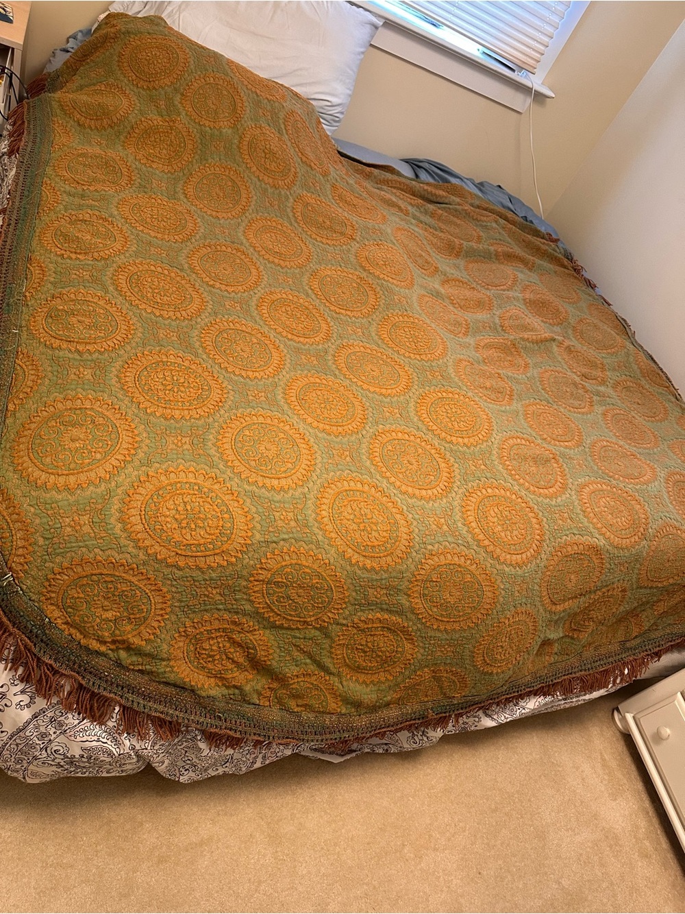 Vintage Green and Orange Brocade Fringe Queen Bedspread
